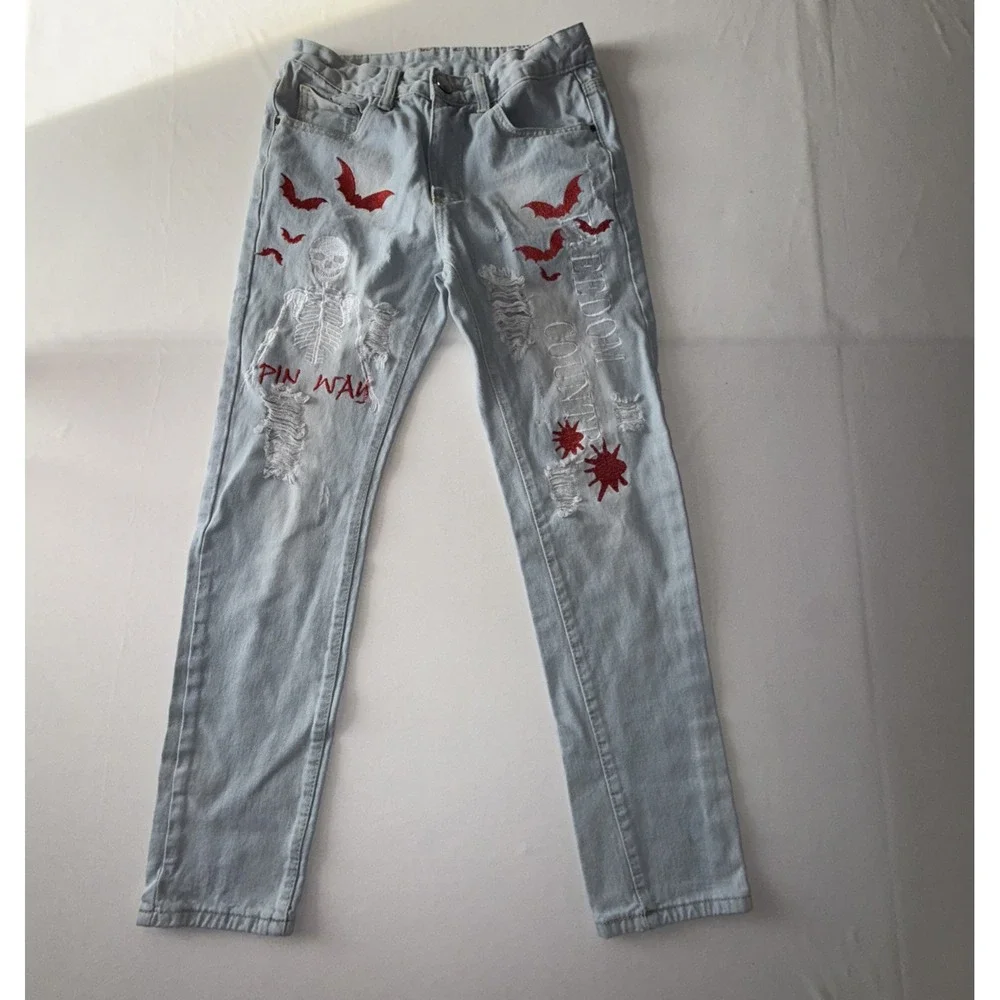 Mens Light Blue Denim Jeans With Red Bat & Skeleton Print Size 28 Streetwear‎